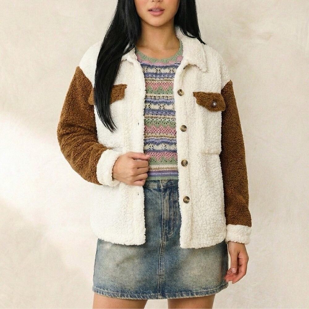 Cozy Oversized Sherpa Shacket – Two-Tone Cream & Brown Teddy Jacket